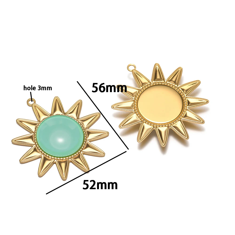 New Bohemian Retro Stainless Steel Gold Plated Big Sun Gemstone Charm Pendant for Earring Jewelry Making Accessories