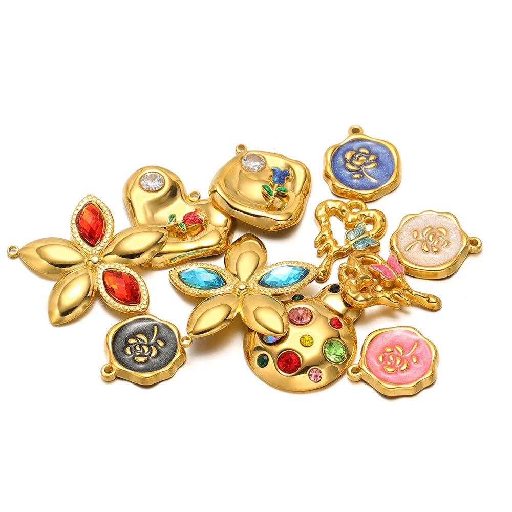 Fashion 18k Gold Plated Stainless Steel Enamel Flower Zircon Heart Key Ladybird Charm Pendant for Jewelry Making Accessories