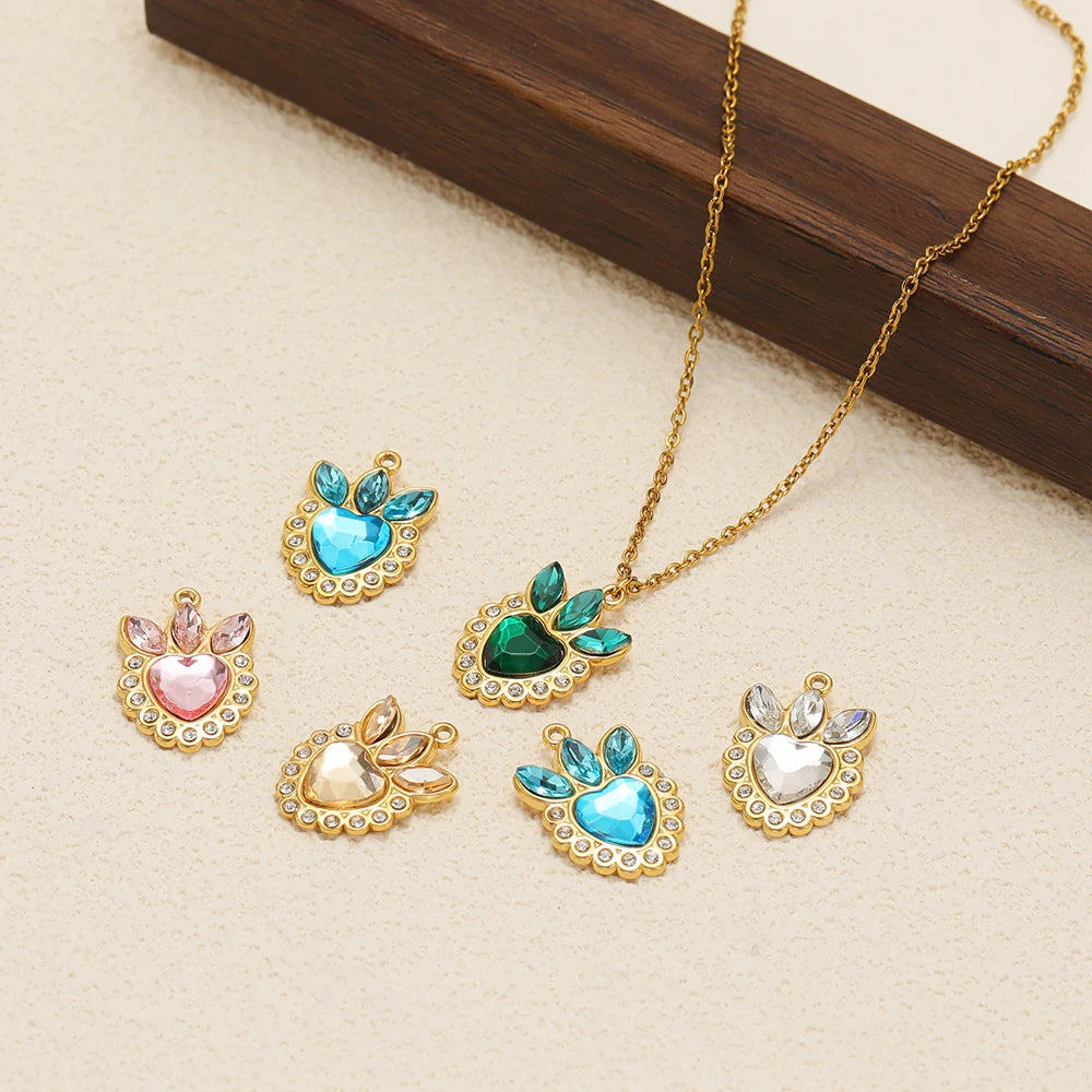 Wholesale Stainless Steel Gold Plated Crown Heart Zircon Charms Pendant for Diy Jewelry Necklace Making Accessories