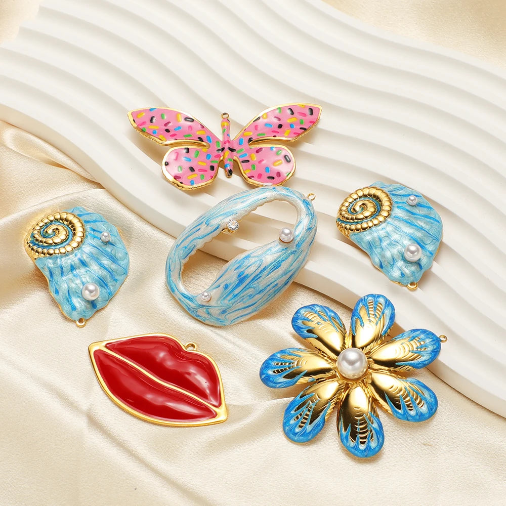 Stainless Steel 18k Gold Plated Enamel Heart butterfly Flower Conch Lip Charm Pendant for Jewelry Necklace Making