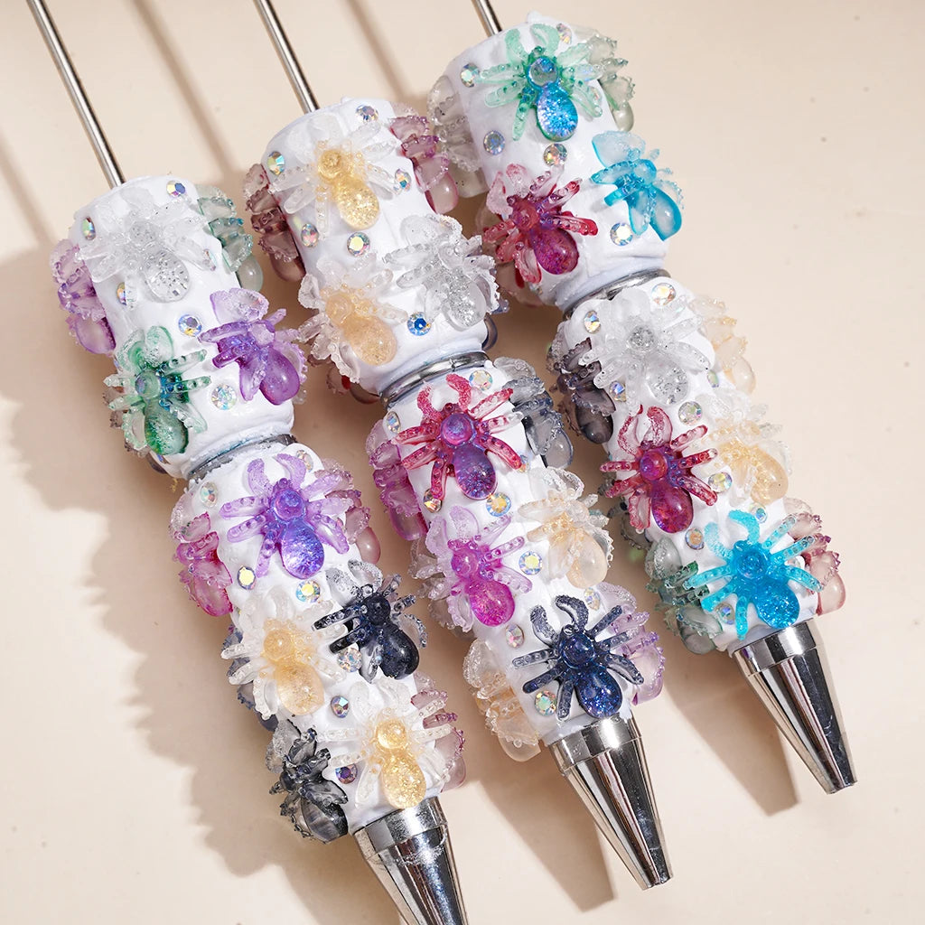 Halloween Colorful Glittering Spider Beadable Ballpoint Pen With Diamonds Rotating Beads Plastic for Welcome Gifts Wholesale