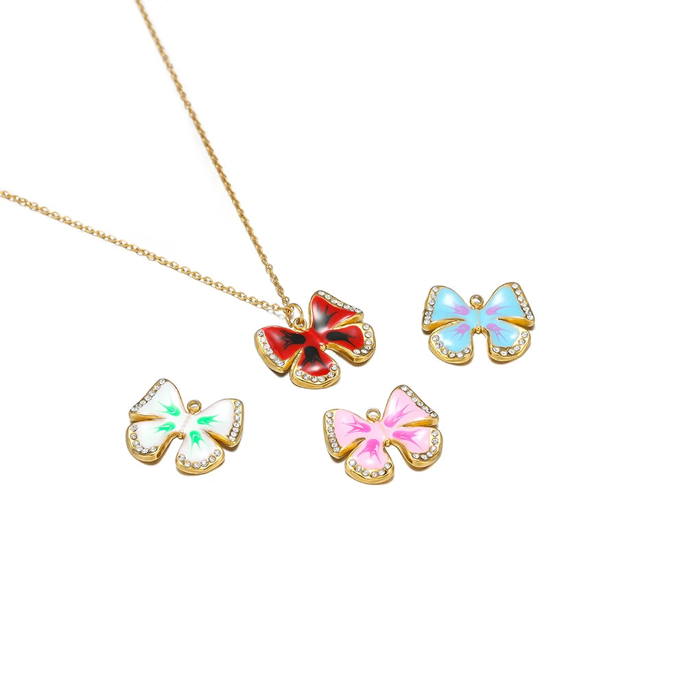Waterproof Stainless Steel 18k Gold Enamel Crystal Bowknot Charms Pendant for Jewelry Necklace Earring Making Trendy Accessories