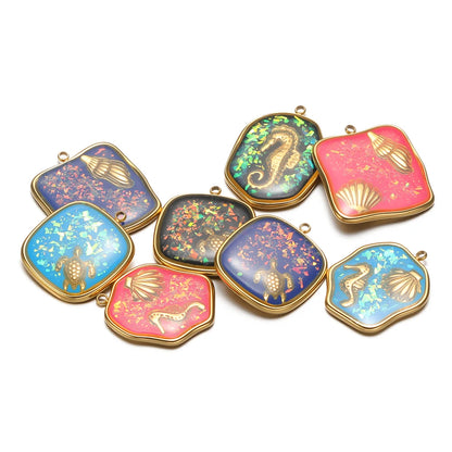 Exquisite Stainless Steel 18k Gold Plated Enamel Sea Turtle Sea Horse Charm Pendant for Jewelry Necklace Making