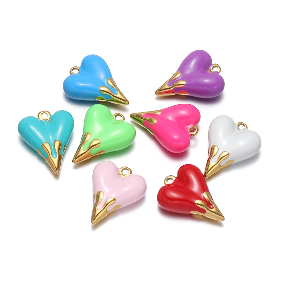 5pcs/bag Stainless Steel 18k Gold Plated Enamel Heart Charm Pendant for Diy Jewelry Necklace Earring Making Bulk