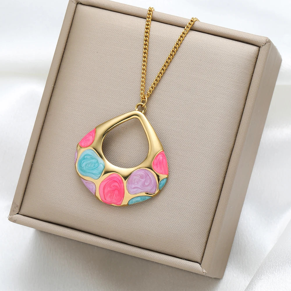 Elegant Design Gold Plated Stainless Steel Oil Painting Hollow Water Droplet Charm Pendant for Jewelry Necklace Earrings Making