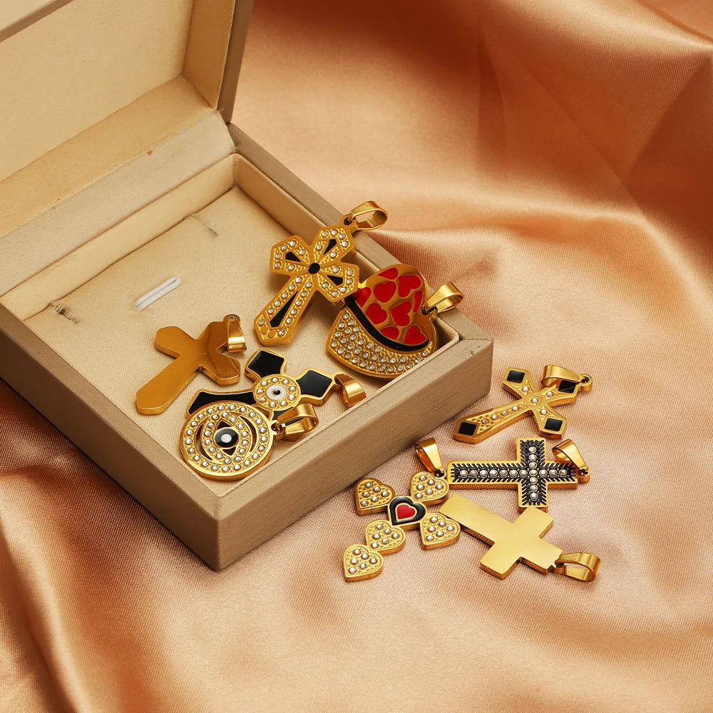 Diy Charm Stainless Steel Gold Plated Zircon Enamel Cross Charm Pendant for DIY Jewelry Making Wholesale