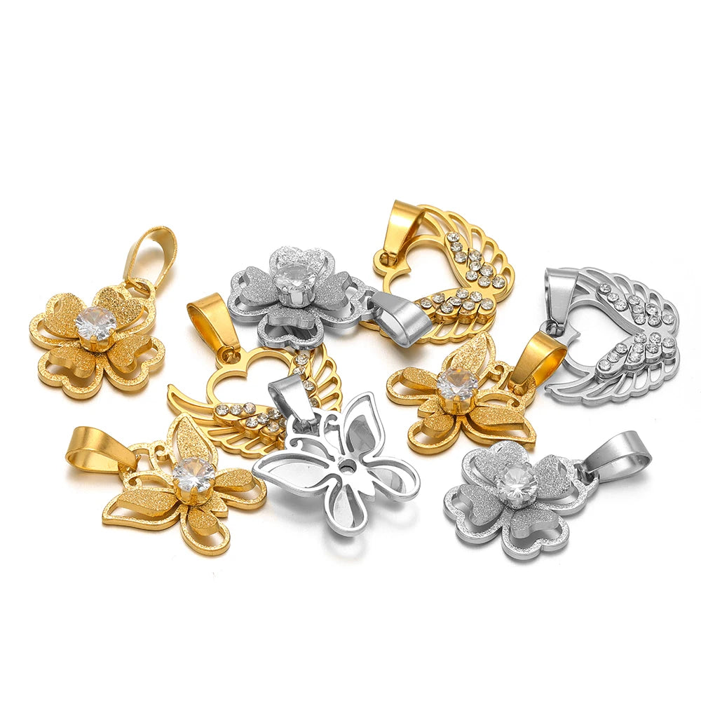 18k Gold Plated Stainless Steel Hollow Butterfly Wing Flower Zircon Charm Pendant for DIY Jewelry Making