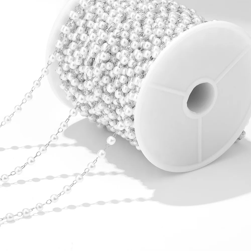 E048 Pearl Beads Chain Gold Silver Stainless Steel Link Waterproof Chain for Necklace Bracelet Making
