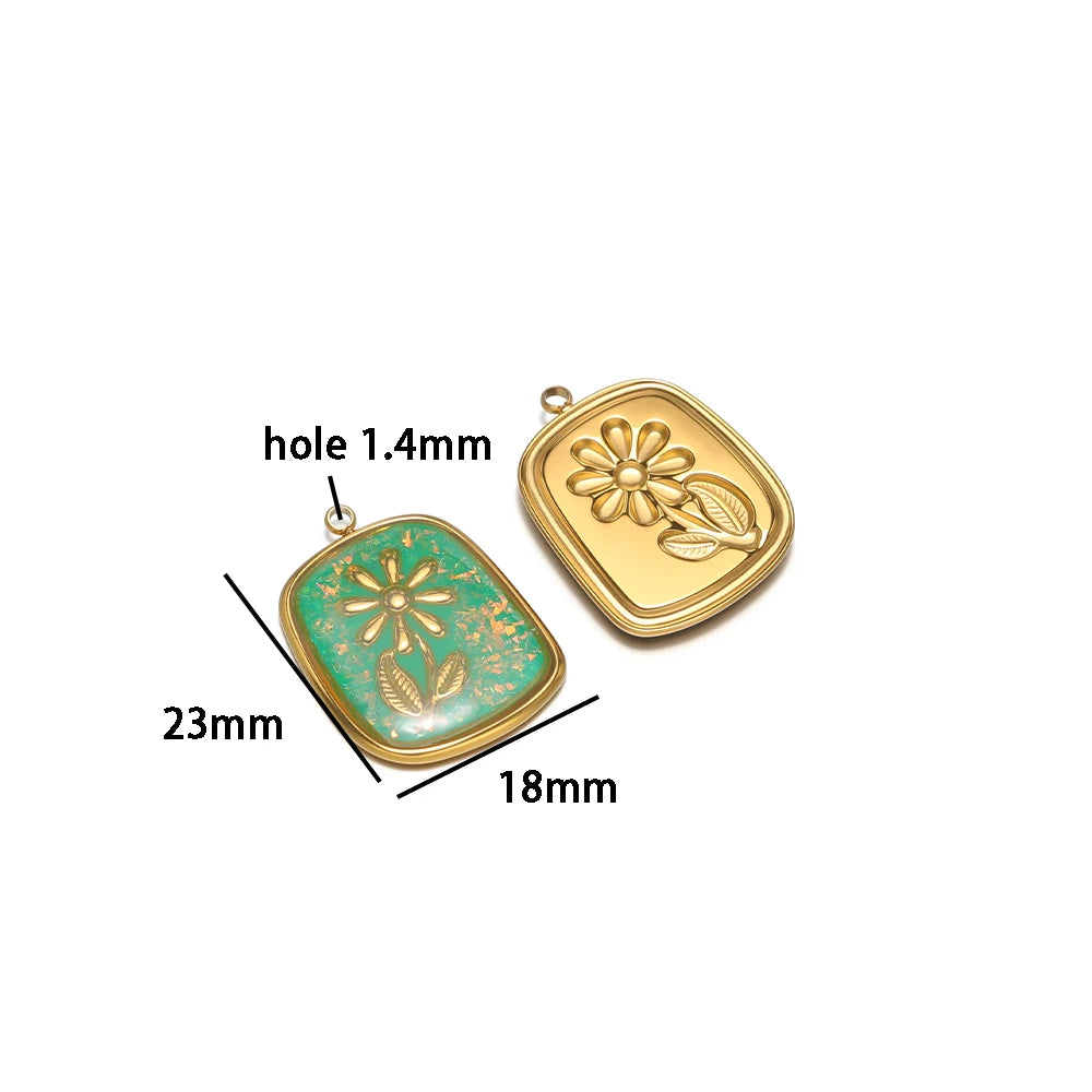Fashion 18k Gold Plated Stainless Steel Square Enamel Flower Charm Pendant for DIY Necklace & Earring Making Accessories