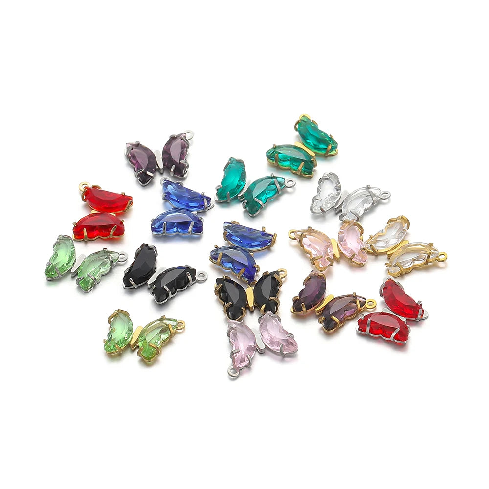 Fashion Colorful Stainless Steel Gold Plated Single Hole Butterfly Crystal Stone Charm Pendant for Jewelry Making