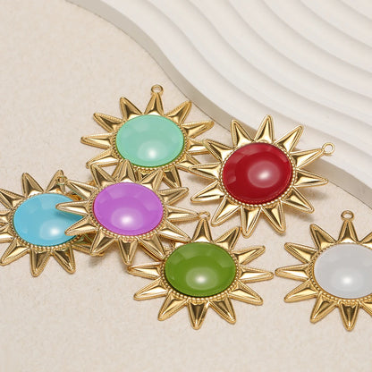 New Bohemian Retro Stainless Steel Gold Plated Big Sun Gemstone Charm Pendant for Earring Jewelry Making Accessories