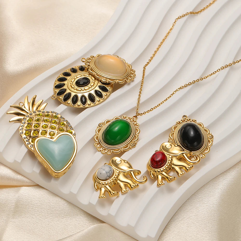 Wholesale Stainless Steel 18k Gold Plated Enamel Elephant Pineapple Heart Zircon Charm Pendant for Jewelry Necklace Making