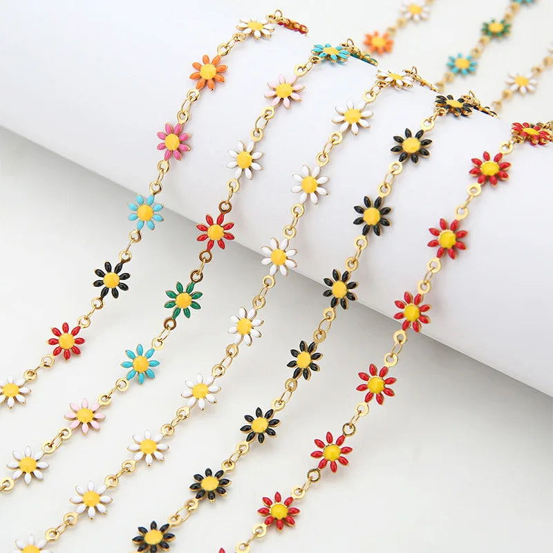 A1186 Colorful Stainless Steel Daisy Chain 18k Gold Plated Enamel Chain Jewelry Accessory Wholesale