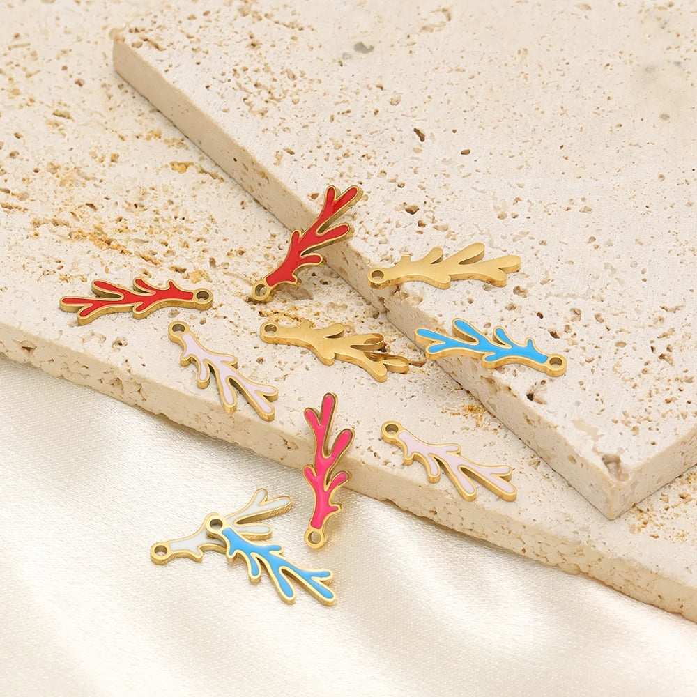 18k Gold Plated Stainless Steel Enamel Coral Charm Pendant for DIY Necklace Jewelry Making Accessories