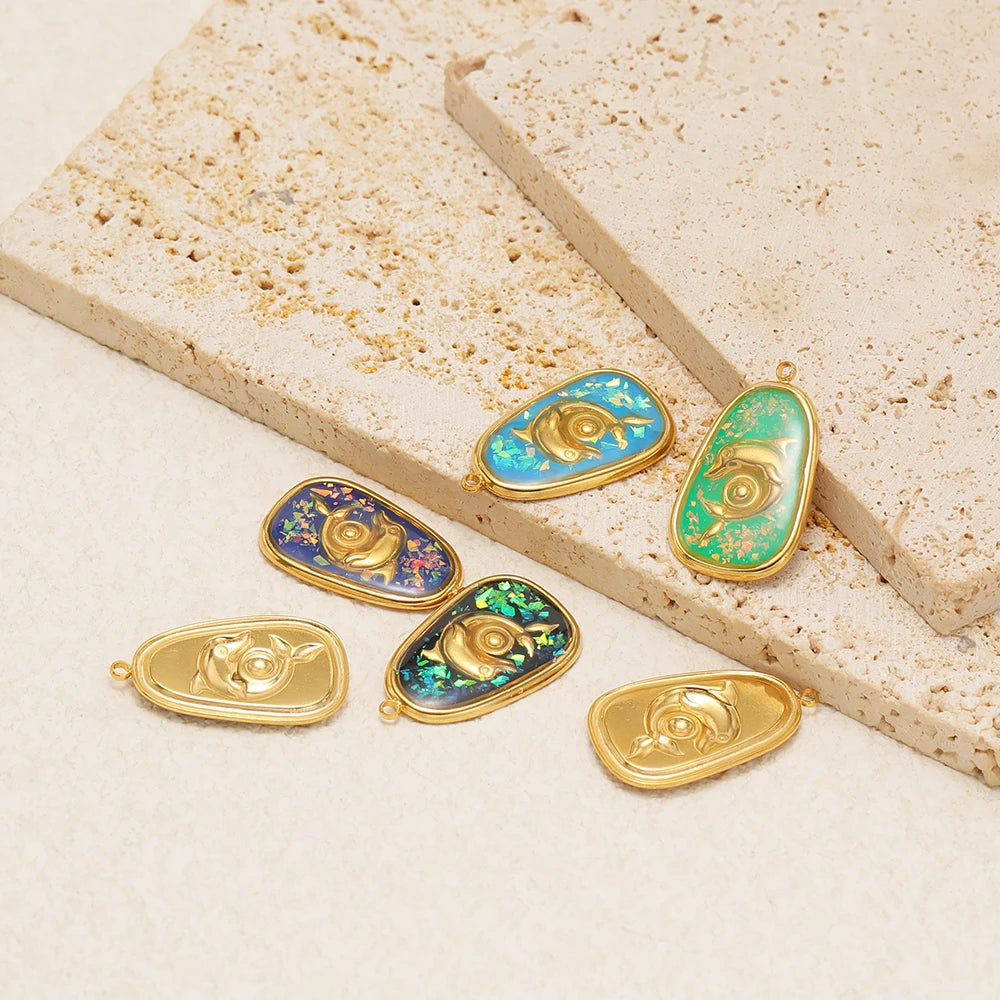 Vintage 18k Gold Plated Stainless Steel Oval Enamel Dolphin Charm Pendant for DIY Necklace Jewelry Making Accessories