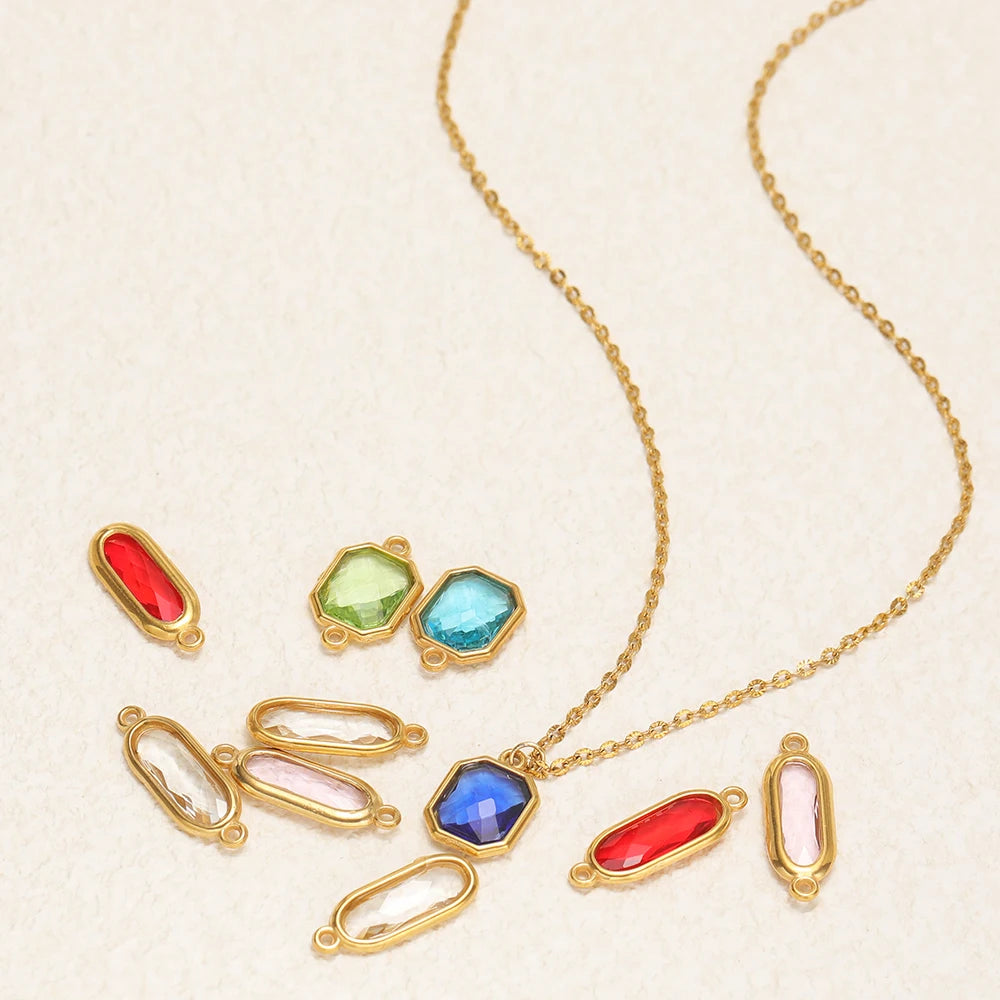 New Trend Fashion 18k Gold Plated Stainless Steel Two Hole Geometric Oval Zircon Charm Pendant for DIY Necklace Jewelry Making