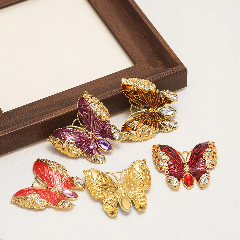 Retro Exquisite 18k Gold Plated Stainless Steel Enamel Butterfly Zircon Charm Pendant for DIY Necklace Jewelry Making