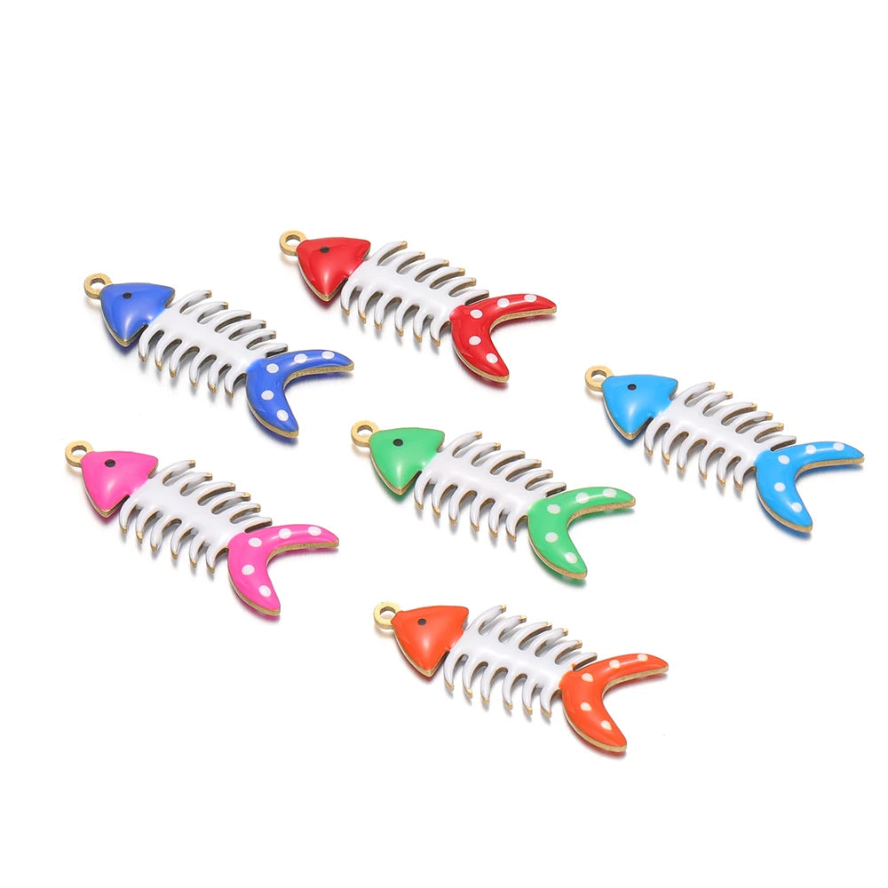 No Tarnish 18k Gold Plated Stainless Steel Small Enamel Fishbone Charm Pendant for Jewelry Necklace Making Accessories