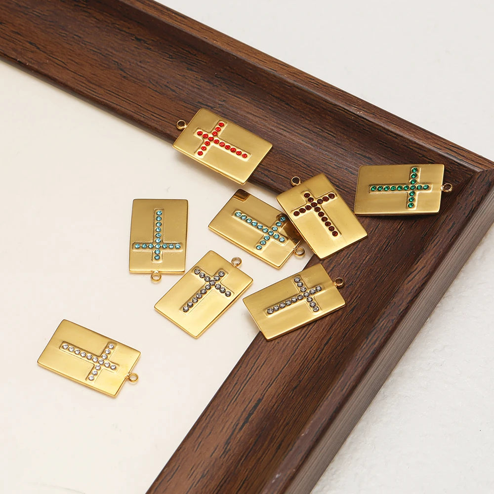 High Quality Stainless Steel 18k Gold Plated Square Cross Zircon Charms Pendant for DIY Jewelry Necklace Making