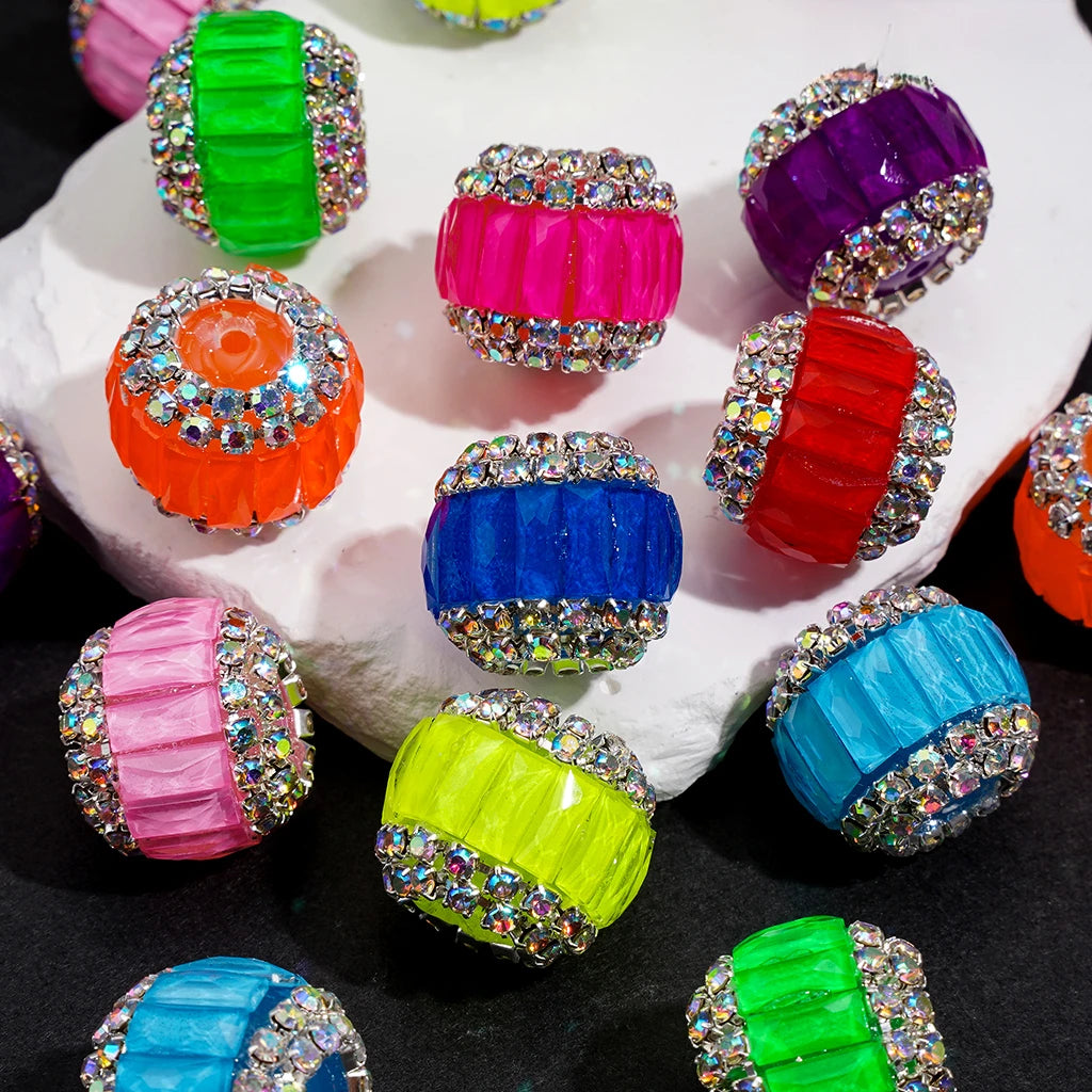 Fluorescent Double-Layer Acrylic Loose Beads Decorated Rectangular Rhinestone and AB Rhinestone Chain Handcraft Beading Supplies