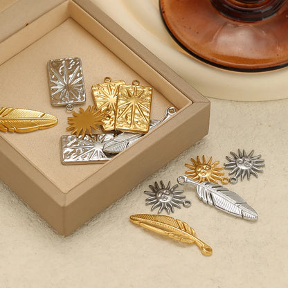 Vintage 18k Gold Plated Stainless Steel Rectangular Sun Feather Charm Pendant for Necklaces Jewelry Making