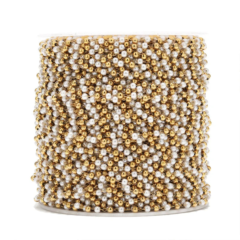 A2704 Fashion Gold Stainless Steel Chain 3mm Pearl Beads Link Chain for Necklace Bracelet Making Diy