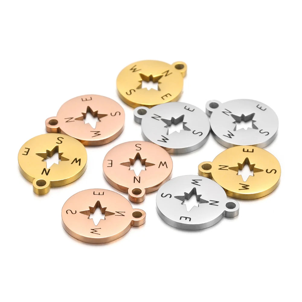 Small Compass Pendant Charm 304 Stainless Steel 18k Gold Plated Circular Hollowed-out Compass Pendant Charm  for Necklace Making