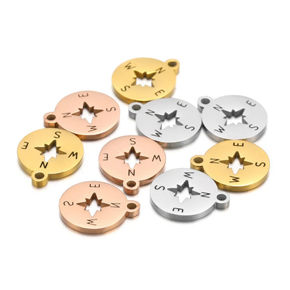 Small Compass Pendant Charm 304 Stainless Steel 18k Gold Plated Circular Hollowed-out Compass Pendant Charm  for Necklace Making