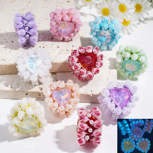 Glow-in-the-Dark Valentine's Day Clay Beads with Heart Rhinestones, Tulip Flowers, White Pearls for DIY Jewelry Making