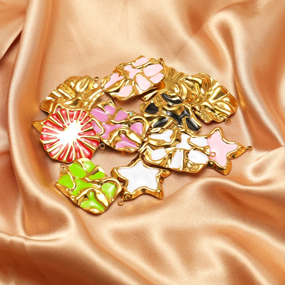 Vintage Style Stainless Steel 18k Gold Plated Enamel Star Round Charm Pendant for Jewelry Necklace Making Accessories