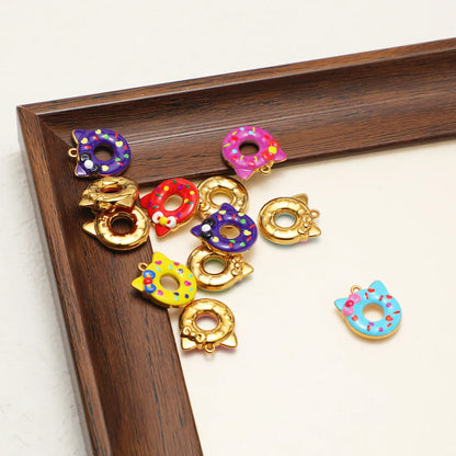 Cat Ear Donut-Shaped 18K Gold Plated Color Droplet Oil Pendant 1.1mm Hole Set 4 DIY Cute Handmade Charms Gold Kitty