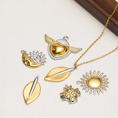 Hot Sale Stainless Steel 18k Gold Plated Sun Face Heart Feather Charm Pendant for DIY Jewelry Necklace Earring Making