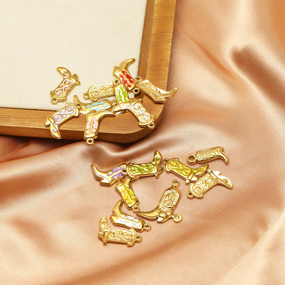 Vintage DIY 18k Gold Plated Stainless Steel Oil Dropping Shoes Boot Charm Pendant for Women Necklace Jewelry Making