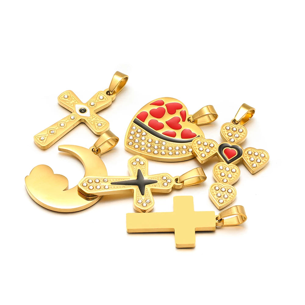 Diy Charm Stainless Steel Gold Plated Zircon Enamel Cross Charm Pendant for DIY Jewelry Making Wholesale