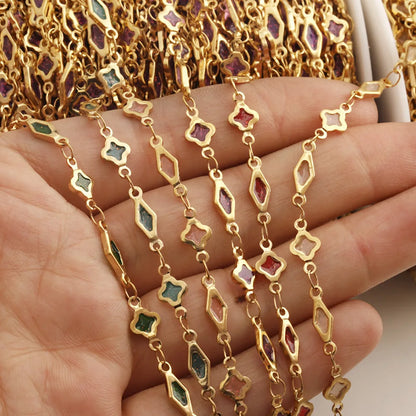 D842 Fashion Clover Flower Stainless Steel Chain Enamel Bulk Roll Necklace Bracelet Making Chain Jewelry Findings