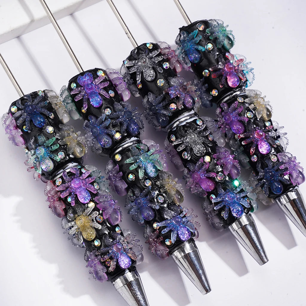 Halloween Colorful Glittering Spider Beadable Ballpoint Pen With Diamonds Rotating Beads Plastic for Welcome Gifts Wholesale
