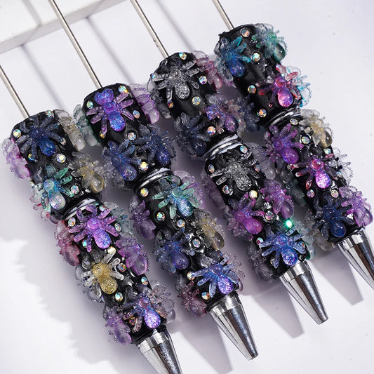 Halloween Colorful Glittering Spider Beadable Ballpoint Pen With Diamonds Rotating Beads Plastic for Welcome Gifts Wholesale