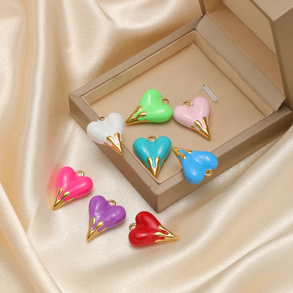 5pcs/bag Stainless Steel 18k Gold Plated Enamel Heart Charm Pendant for Diy Jewelry Necklace Earring Making Bulk