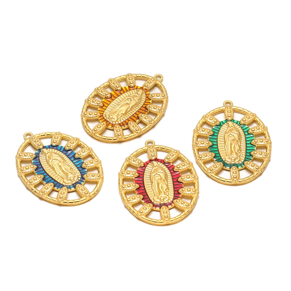 Trendy Religious Jewelry 18k Gold Plated Stainless Steel Hollow Enamel Oval Jesus Charm Pendant for DIY Necklace Jewelry Making