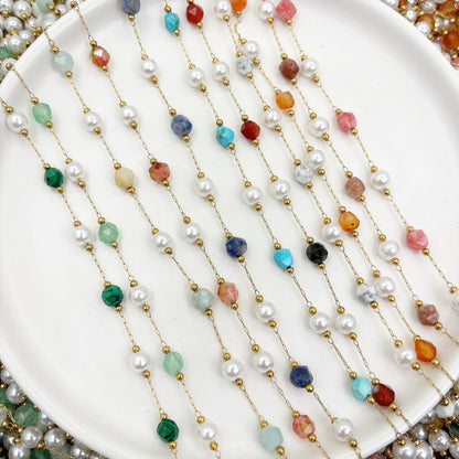 E249 Silver Plated Stainless Steel Permanent Chain Colorful Crystal Jade Stone Chain Pearl Beads Chains for Diy