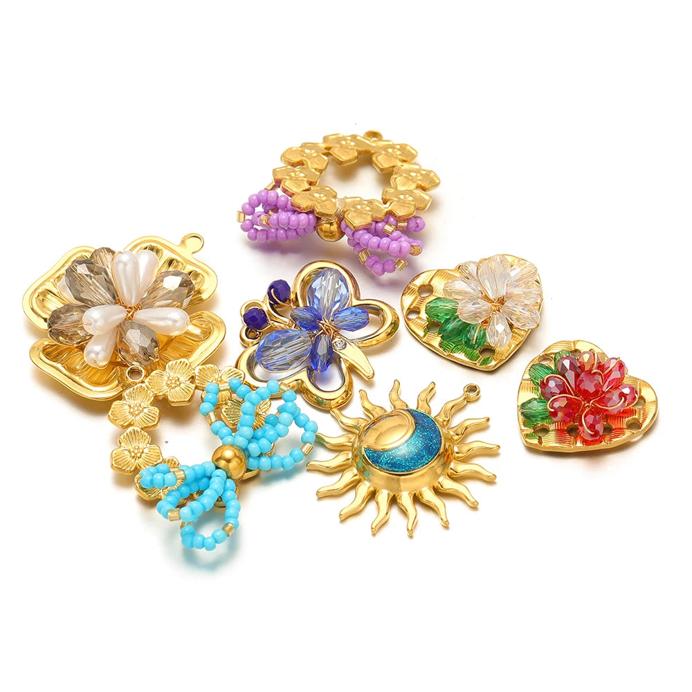Trend Creative 18k Gold Plated Stainless Steel Flower Butterfly Heart Crystal Glass Bead Charm Pendant for  DIY Jewelry Making