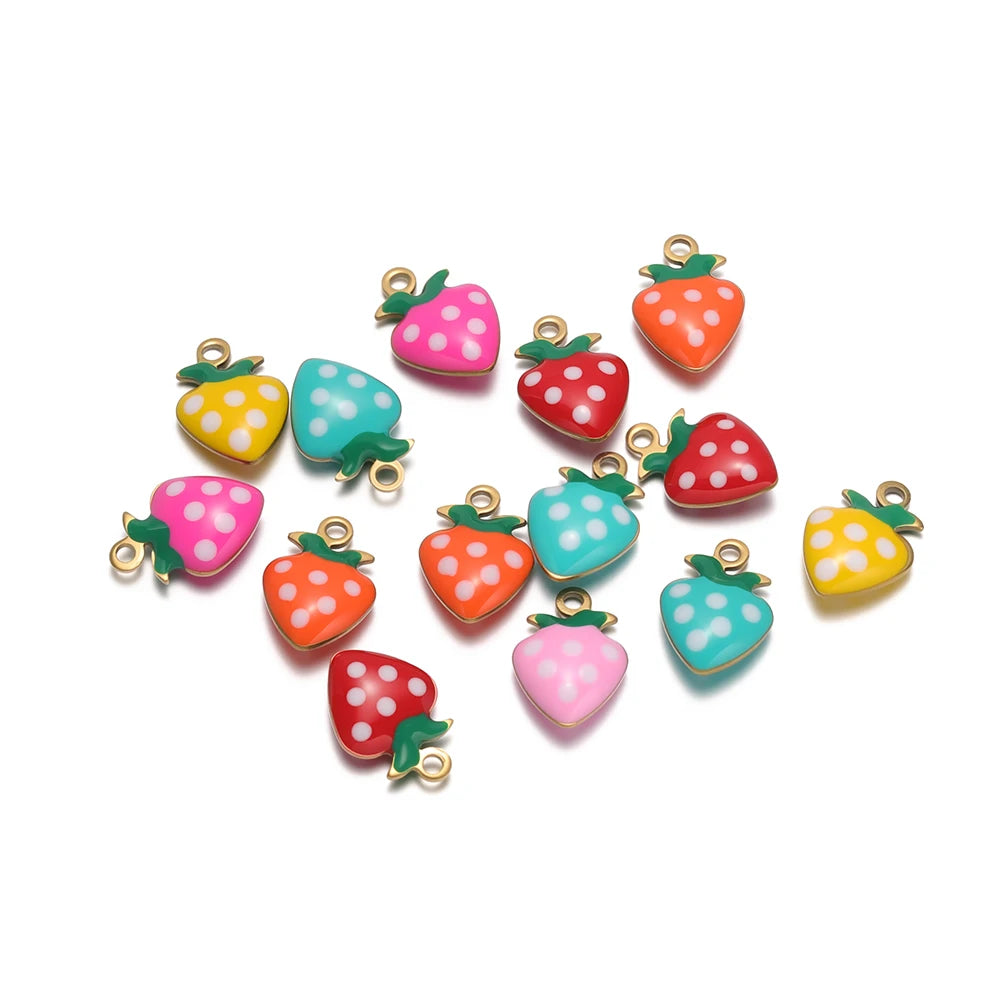 Trendy New Wholesale Stainless Steel 18k Gold Plated Enamel Strawberry Charm Pendant for Jewelry Necklace Making