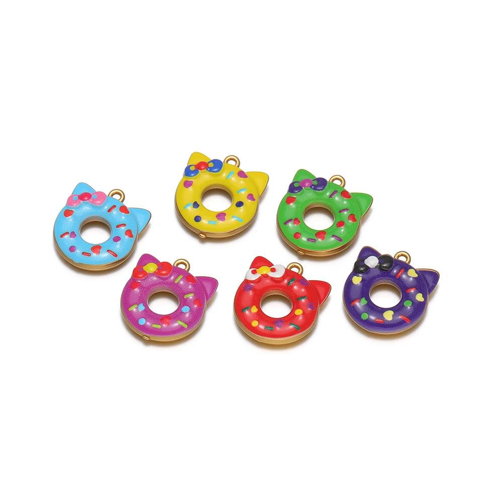 Cat Ear Donut-Shaped 18K Gold Plated Color Droplet Oil Pendant 1.1mm Hole Set 4 DIY Cute Handmade Charms Gold Kitty