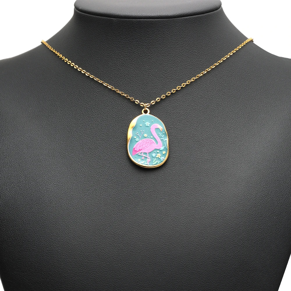 Cute Animal Pattern Oval Charms Gold Plated Enamel Pendant with Flamingo Dog Cat Unicorn DIY Jewelry Making Supplies
