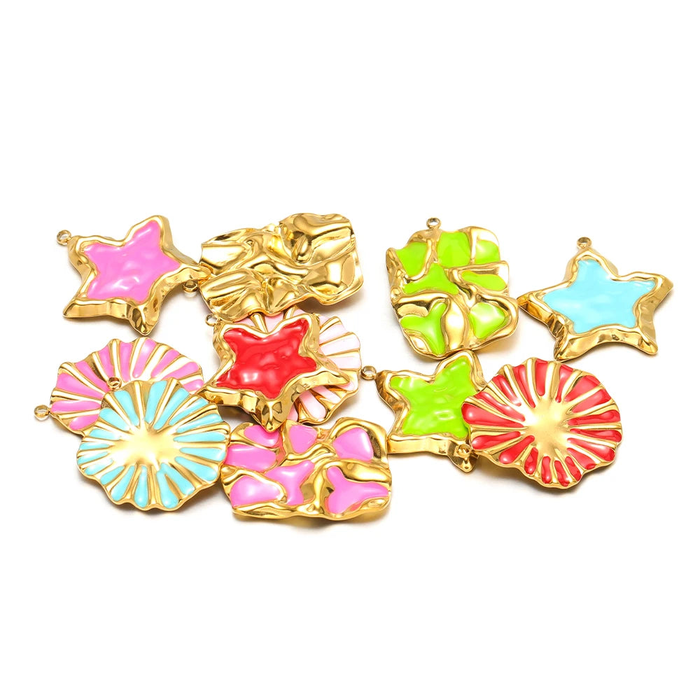 Vintage Style Stainless Steel 18k Gold Plated Enamel Star Round Charm Pendant for Jewelry Necklace Making Accessories