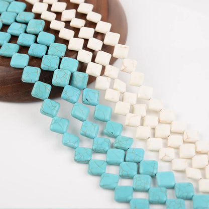 Howlite Magnesite Stone Beads, Flat Square, Diagonally Drilled Blue Turquoise White Magnesite Gemstone Bead for Jewelry Making