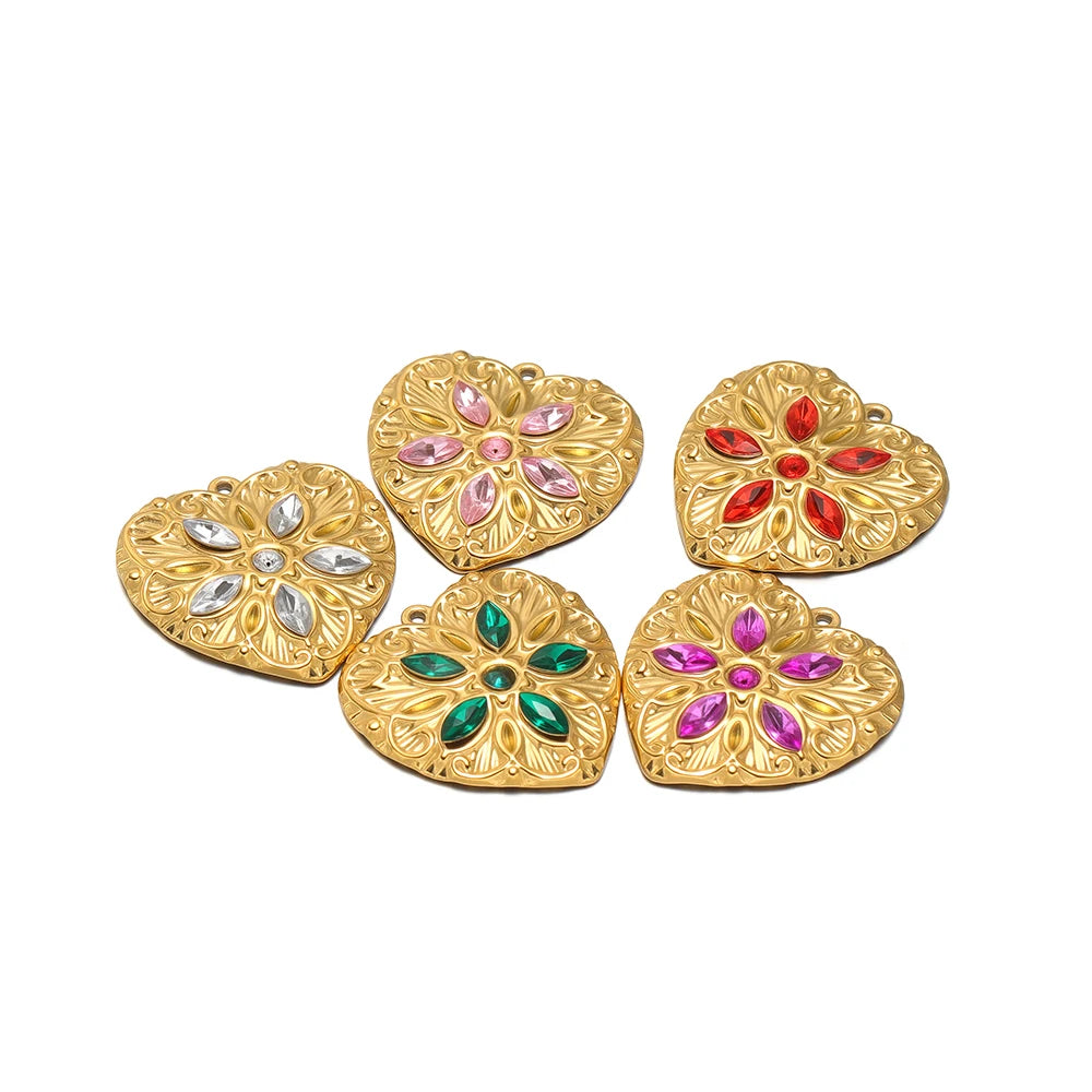 Heart Shaped Charm18k Gold Plated Stainless Steel Five-petaled Flowers Zircon Pendant for DIY Necklace Jewelry Making