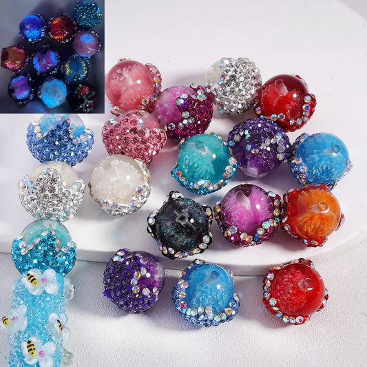 Handcrafted Clay Flower Pinecone  Beads with Shiny Rhinestones and Glitter for DIY Jewelry Making 20MM