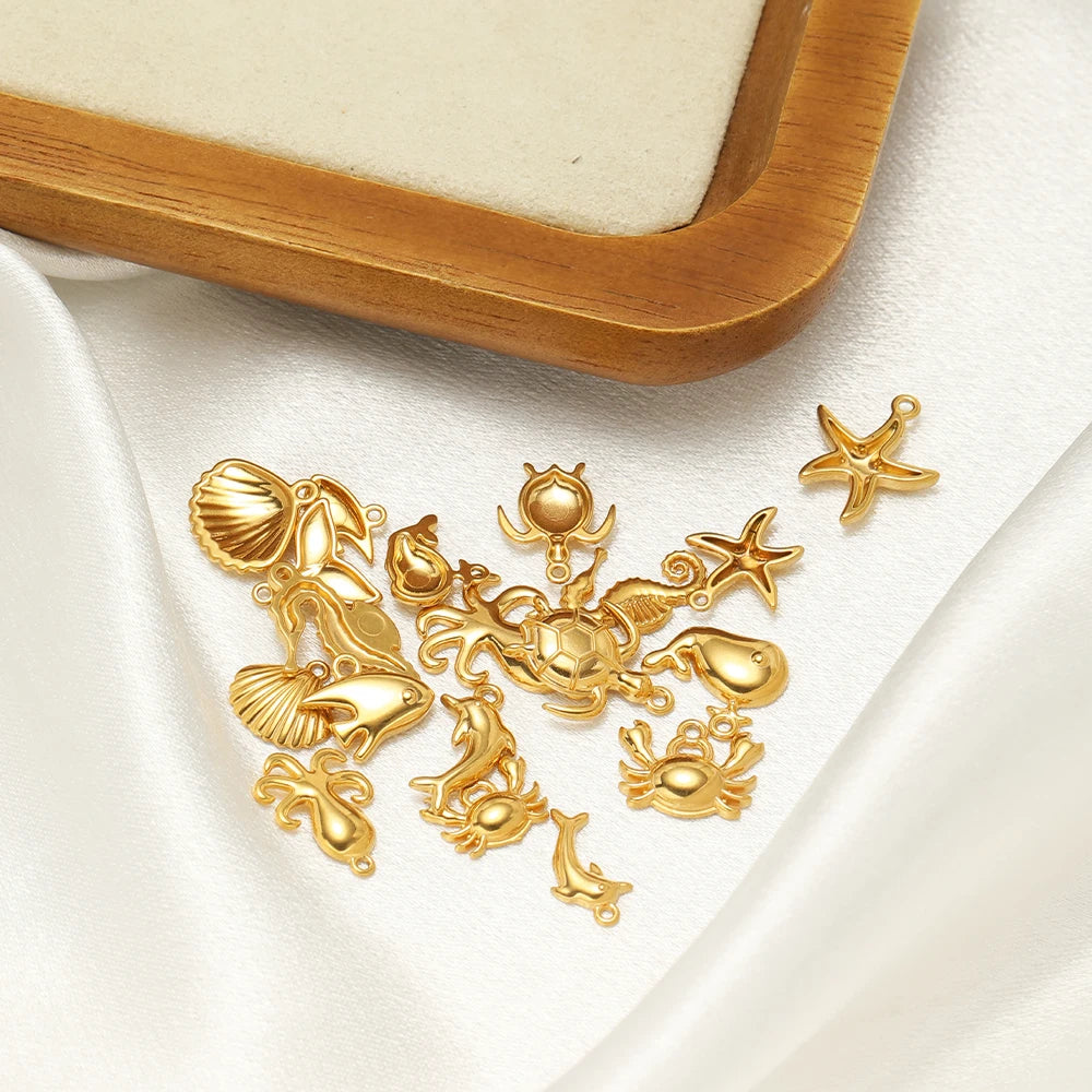 Hot Sale 18k Gold Plated Stainless Steel Enamel Crab Starfish Turtle Octopus Shell Charm Pendant for DIY Necklace Jewelry Making