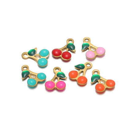 Enamel Fruit Charm 18k Gold Plated Stainless Steel Cherry Charm Pendant for Diy Women Necklace Jewelry Making